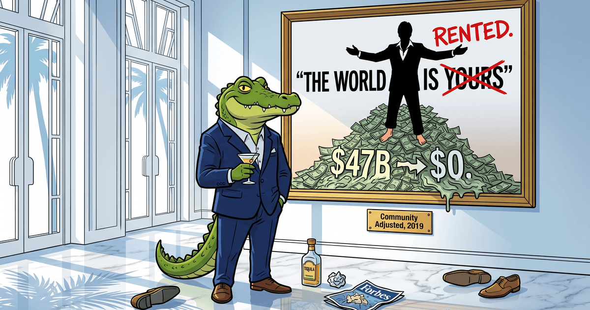 Sonny the crocodile in a blue suit holding a cocktail in a glass lobby, beside a framed Scarface-style poster reading 'THE WORLD IS RENTED' with YOURS crossed out, a money pile marked $47B → $0, a plaque saying Community Adjusted 2019, and a tequila bottle, discarded shoes and a Forbes magazine on the marble floor