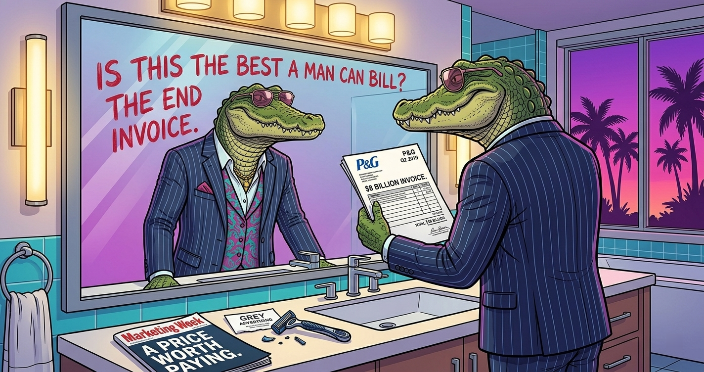 Sonny the crocodile in a pinstripe suit holding a P&G Q2 2019 invoice for $8 billion, standing at a bathroom mirror with Marketing Week's 'A Price Worth Paying' headline on the counter and a Gillette razor beside the sink