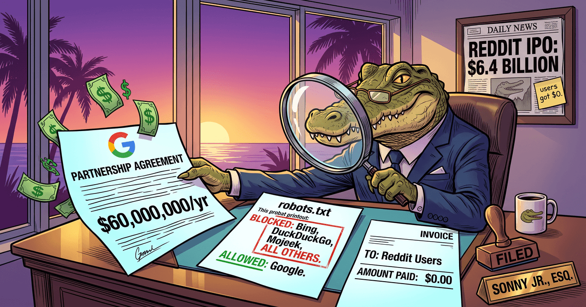 Sonny the crocodile in a pinstripe suit reviewing the Reddit S-1 and a Google partnership blog post side by side on a desk, with a robots.txt file displayed on a monitor behind him
