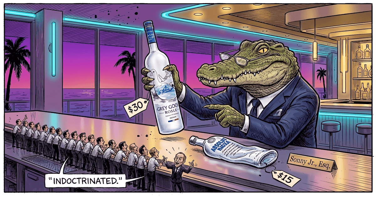 Sonny the crocodile in a pinstripe suit holding a frosted Grey Goose bottle with a $30 price tag behind a neon Miami bar, a toppled Absolut bottle tagged $15 beside it, and a long line of bartenders being addressed by Sidney Frank under a speech bubble reading INDOCTRINATED